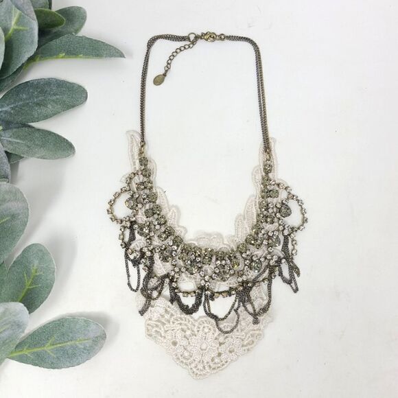 Rhinestone Crocheted Bib Statement Necklace - Picture 1 of 9